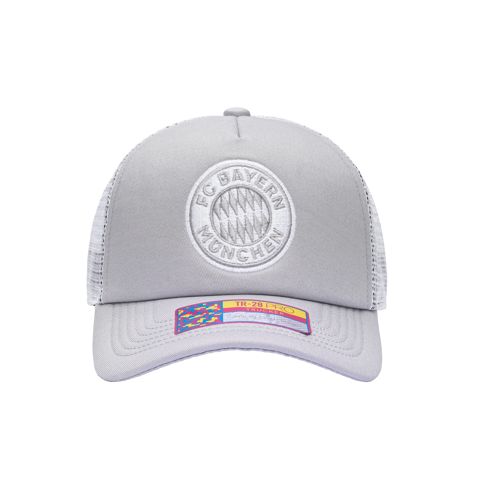 Front view of the Bayern Munich Fog Trucker Hat in Grey/White, with high crown, curved peak, mesh back and snapback closure.