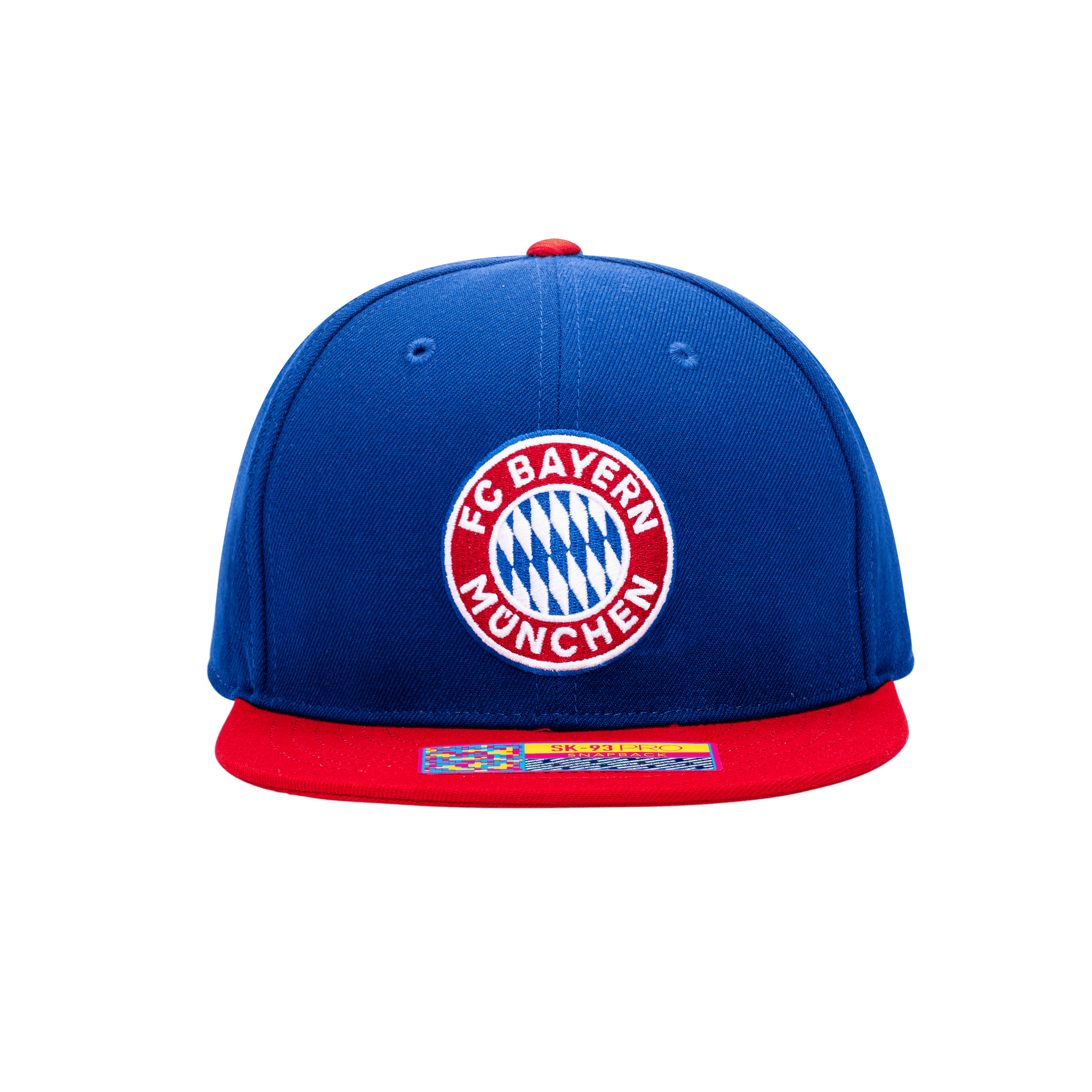 Front view of the Bayern Munich Team Snapback with high crown, flat peak, and snapback closure, in Lt Royal/Red