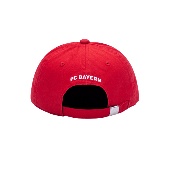 Back view of Bayern Munich Bambo Kids Classic with low unstructured crown, curved peak brim, and buckle closure, in red.