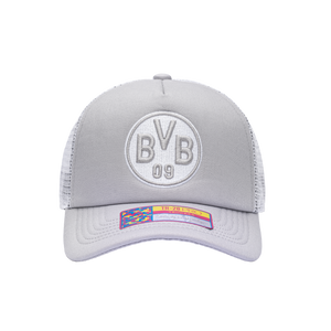 Front view of the Borussia Dortmund Fog Trucker Hat in Grey/White, with high crown, curved peak, mesh back and snapback closure.