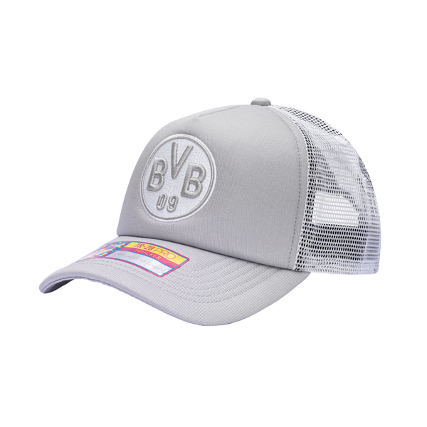 Side view of the Borussia Dortmund Fog Trucker Hat in Grey/White, with high crown, curved peak, mesh back and snapback closure.