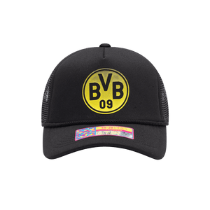 Borussia Dortmund Atmosphere Trucker with mid crown, curved peak brim, mesh back, and snapback closure, in Black