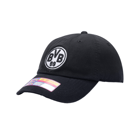 Side view of the Borussia Dortmund Hit Classic hat with low unstructured crown, curved peak brim, and buckle closure, in black.