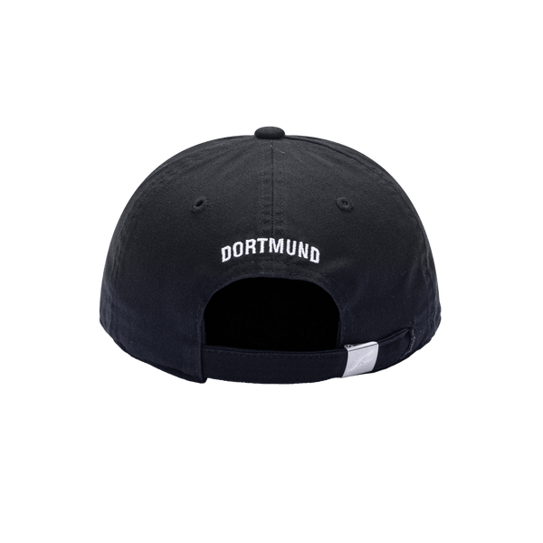 Back view of the Borussia Dortmund Hit Classic hat with low unstructured crown, curved peak brim, and buckle closure, in black.