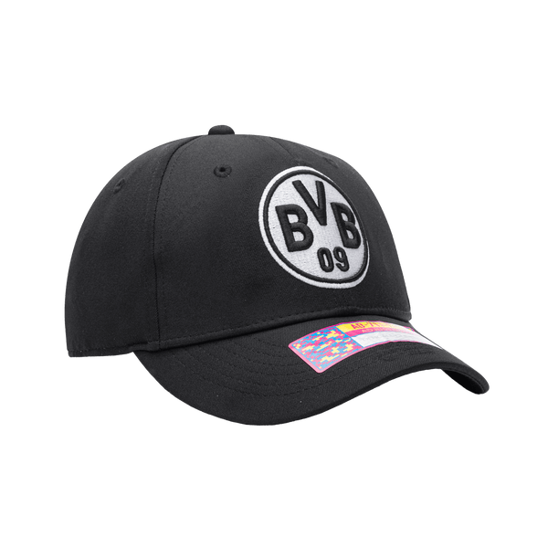 Side view of the Borussia Dortmund Hit Adjustable hat with mid constructured crown, curved peak brim, and slider buckle closure, in Black.