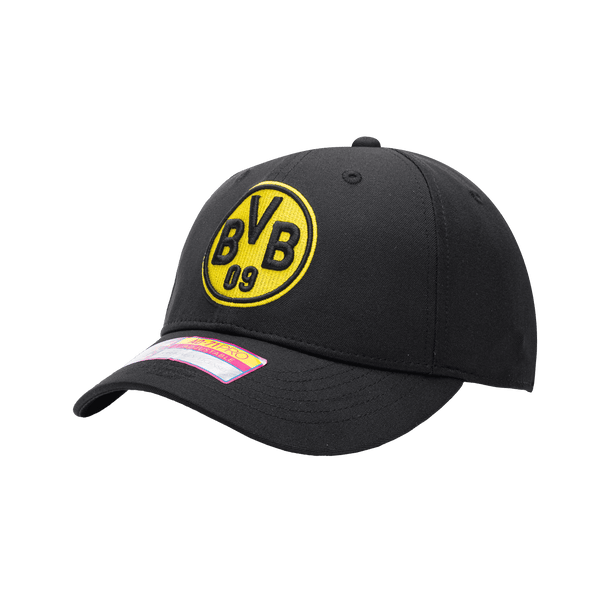 Side view of the Borussia Dortmund Standard Adjustable hat with mid constructured crown, curved peak brim, and slider buckle closure, in Black.