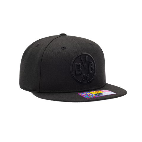 Side view of the Borussia Dortmund Dusk Fitted with high structured crown, flat peak brim, in Black