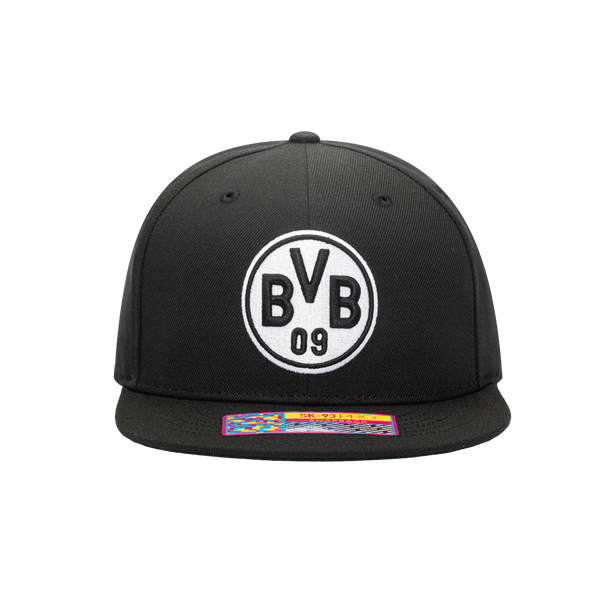 Black Borussia Dortmund Hit Snapback with flat peak and embroidered logo on front.