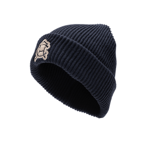 Club America Ivy Beanie in thick, wool blend knit, front embroidered wool backed applique patch with merrowed edges, in navy.