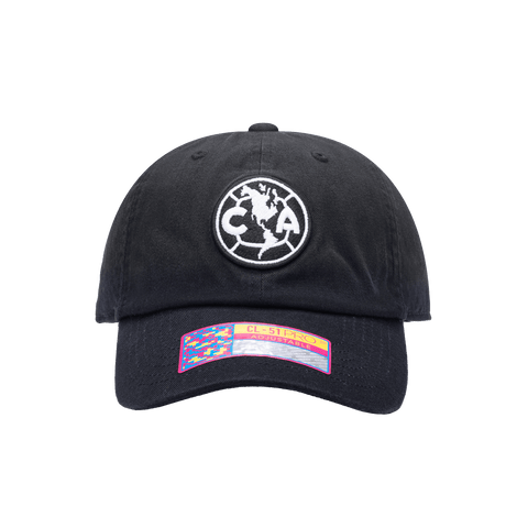 Front view of the Club America Hit Classic hat with low unstructured crown, curved peak brim, and buckle closure, in black.