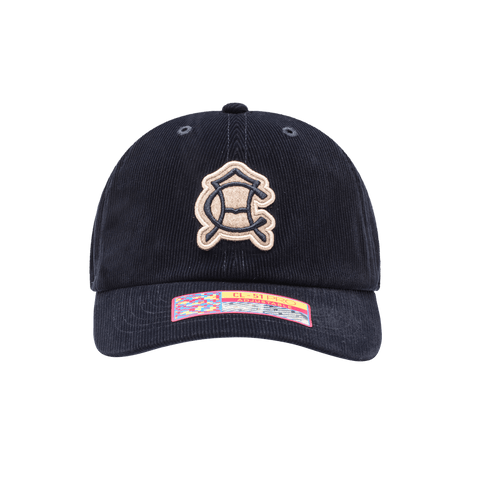 Club America Princeton Classic Hat in soft fine wale corduroy construction, unstructured low crown, curved peak brim, adjustable flip buckle closure, front embroidered wool backed applique patch with merrowed edges, back embroidered club name, in navy.
