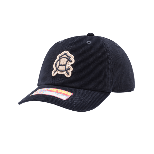 Club America Princeton Classic Hat in soft fine wale corduroy construction, unstructured low crown, curved peak brim, adjustable flip buckle closure, front embroidered wool backed applique patch with merrowed edges, back embroidered club name, in navy.