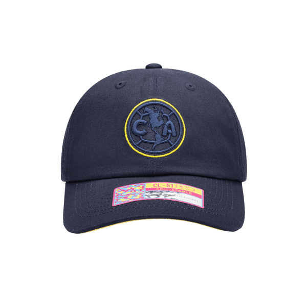Club America Eclipse Classic Adjustable in unstructured low crown, curved peak brim, and adjustable flip buckle closure, in Navy