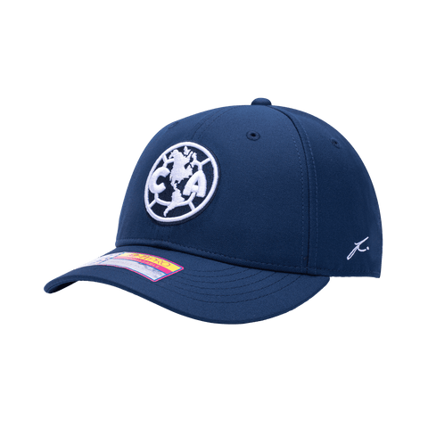 Side view of the Club America Hit Adjustable hat with mid constructured crown, curved peak brim, and slider buckle closure, in Navy.