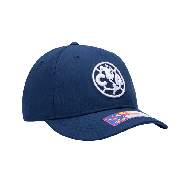 Side view of the Club America Hit Adjustable hat with mid constructured crown, curved peak brim, and slider buckle closure, in Navy.