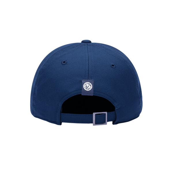 Back view of the Club America Hit Adjustable hat with mid constructured crown, curved peak brim, and slider buckle closure, in Navy.