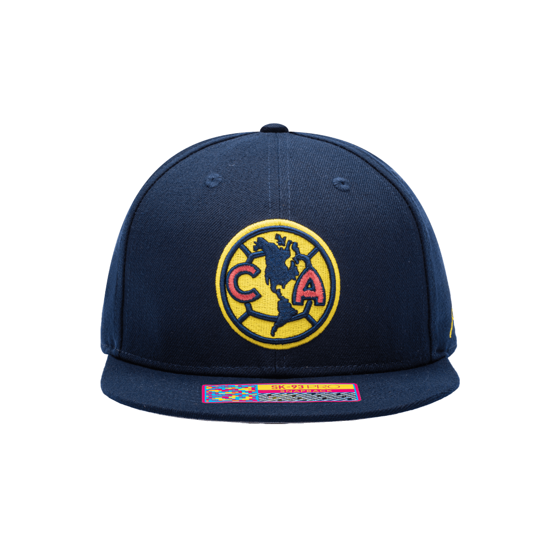Front view of the Club America Dawn Snapback in navy, with high crown and flat peak.