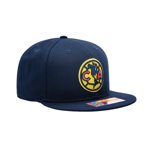Side view of the Club America Dawn Snapback in navy, with high crown and flat peak.