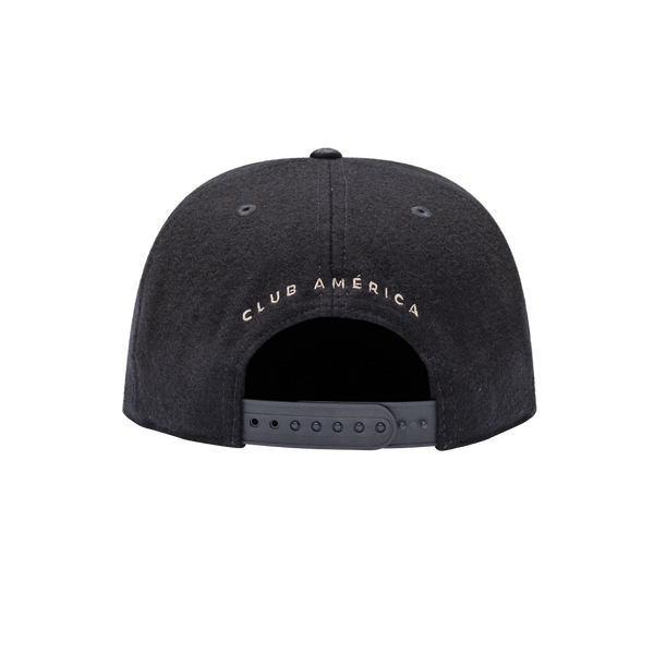 Club America Prep Snapback Hat with structured high 6-panel crown in melton wool, flat peak PU leather brim, front embroidered wool backed applique patch with merrowed edges, back embroidered club name, in navy.