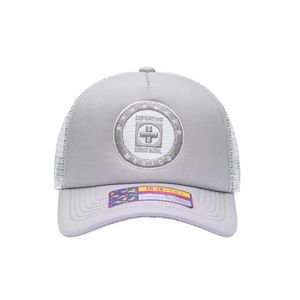Front view of the Cruz Azul Fog Trucker Hat in Grey/White, with high crown, curved peak, mesh back and snapback closure.