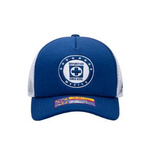 Front view of the Cruz Azul Fog Trucker Hat in Navy/White, with high crown, curved peak, mesh back and snapback closure.