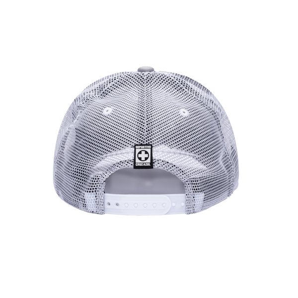 Back view of the Cruz Azul Fog Trucker Hat in Grey/White, with high crown, curved peak, mesh back and snapback closure.