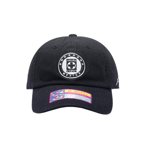 Front view of the Cruz Azul Hit Classic hat with low unstructured crown, curved peak brim, and buckle closure, in black.