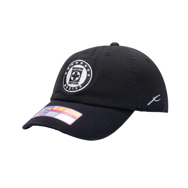 Side view of the Cruz Azul Hit Classic hat with low unstructured crown, curved peak brim, and buckle closure, in black.