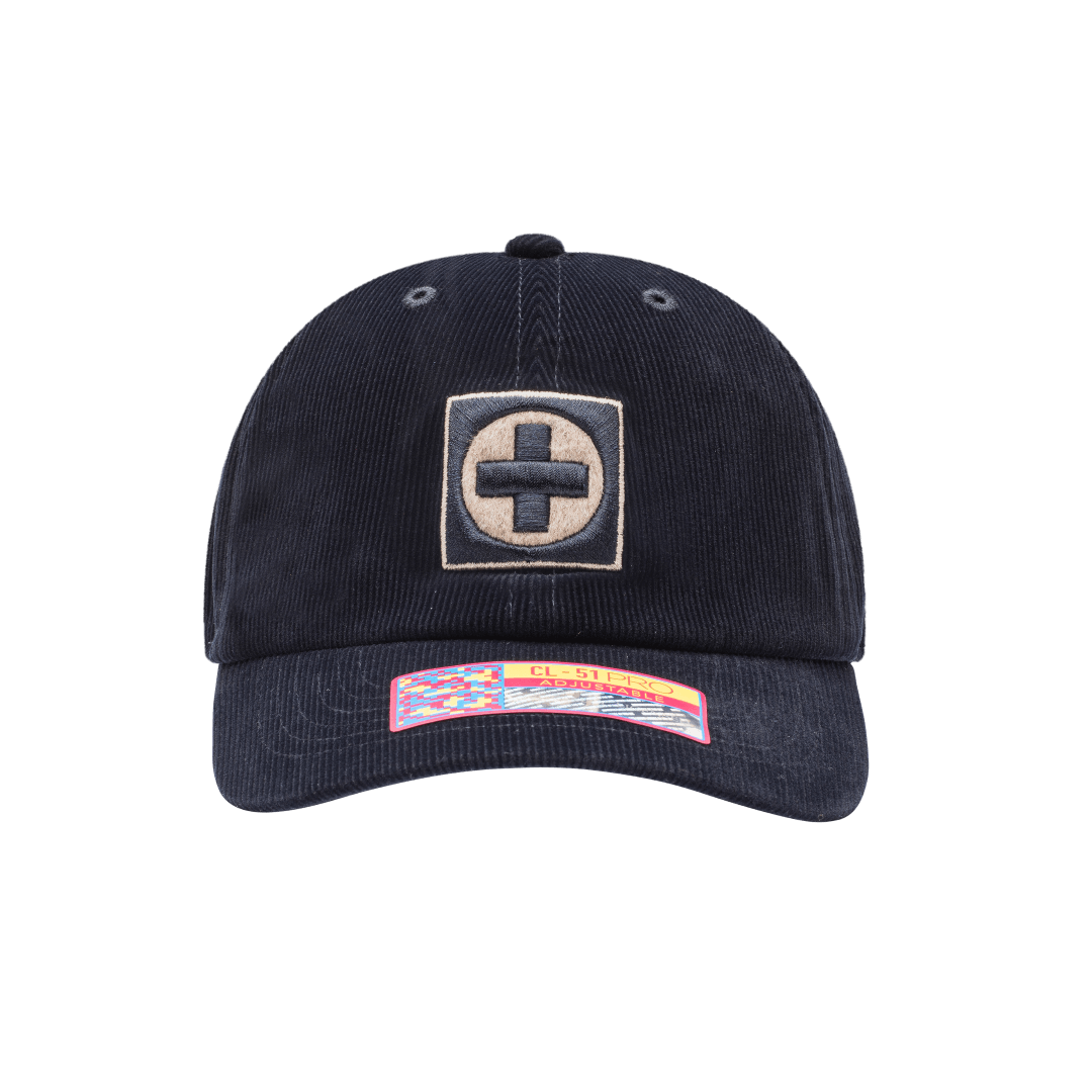 Cruz Azul Princeton Classic Hat in soft fine wale corduroy construction, unstructured low crown, curved peak brim, adjustable flip buckle closure, front embroidered wool backed applique patch with merrowed edges, back embroidered club name, in navy.