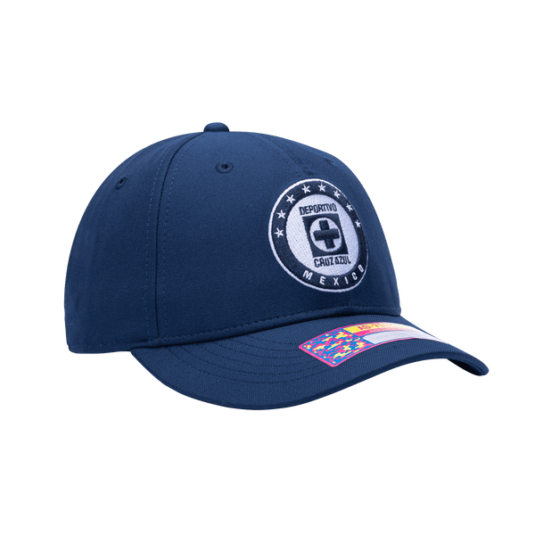 Side view of the Cruz Azul Hit Adjustable hat with mid constructured crown, curved peak brim, and slider buckle closure, in Navy.