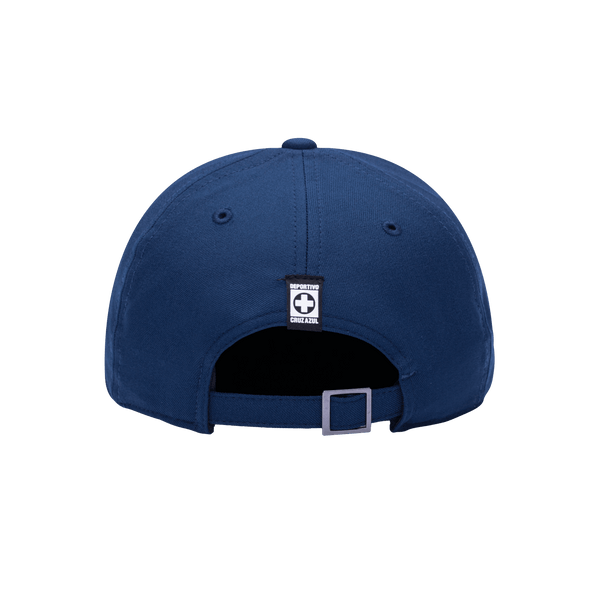 Back view of the Cruz Azul Hit Adjustable hat with mid constructured crown, curved peak brim, and slider buckle closure, in Navy.