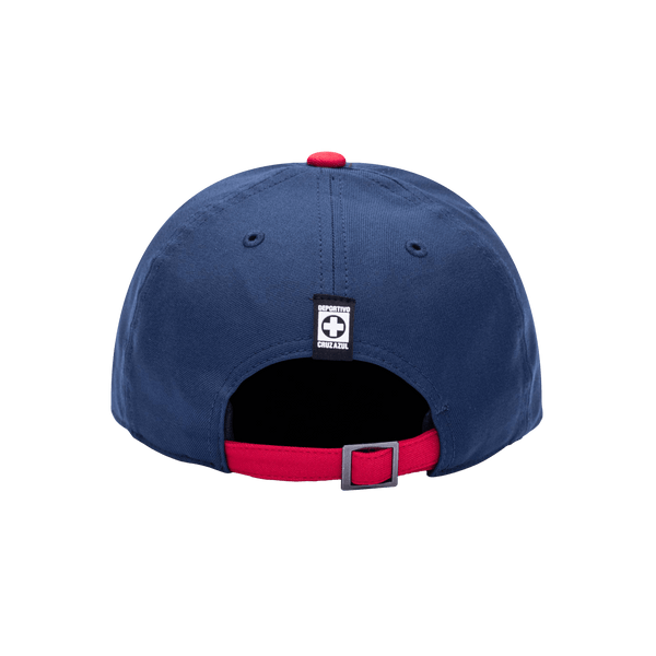 Back view of the Cruz Azul Core Adjustable hat with mid constructured crown, cruved peak brim, and slider buckle closure, in Navy/Red.