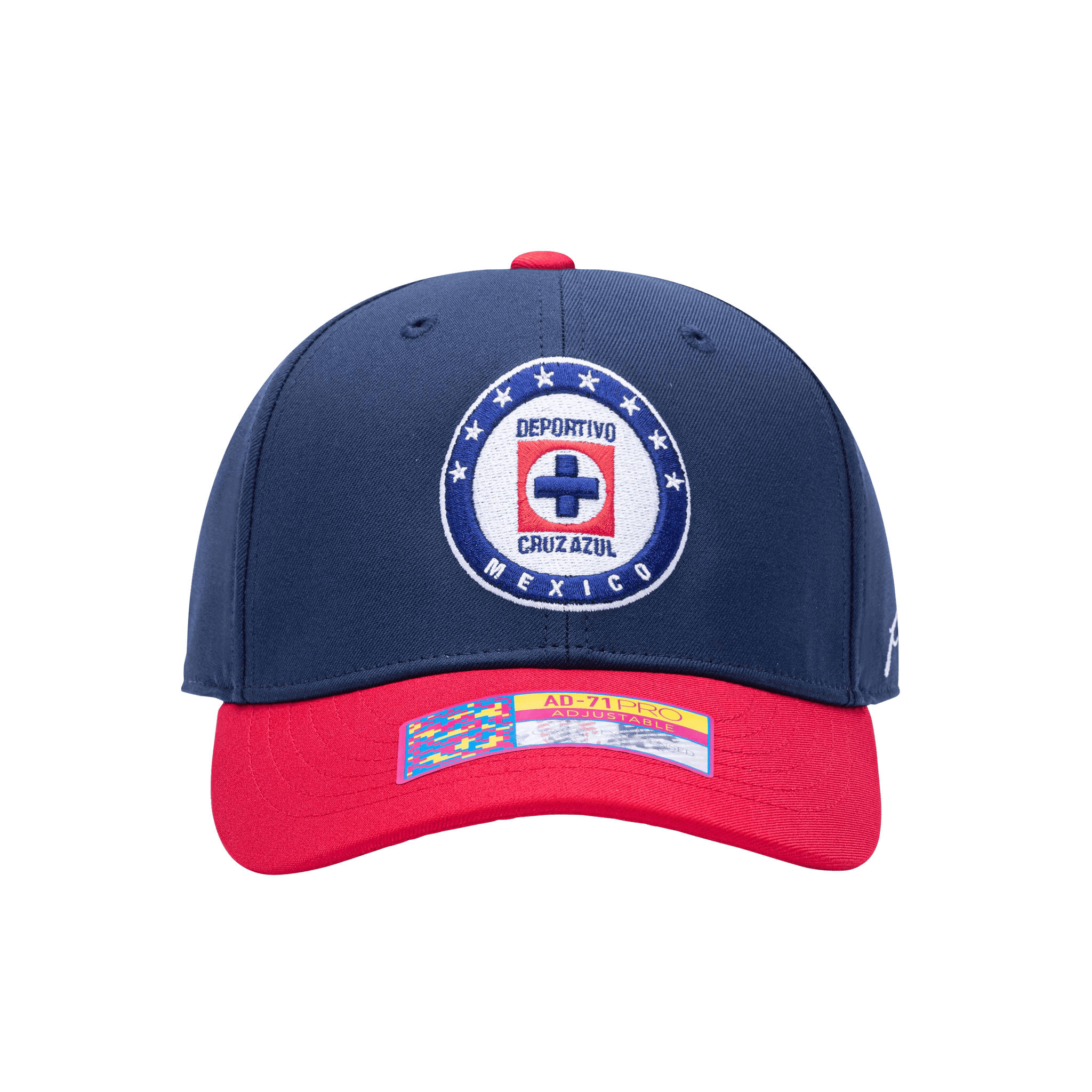 Front view of the Cruz Azul Core Adjustable hat with mid constructured crown, cruved peak brim, and slider buckle closure, in Navy/Red.
