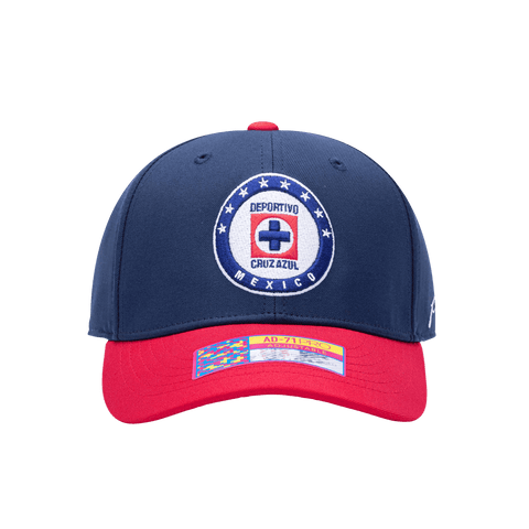 Front view of the Cruz Azul Core Adjustable hat with mid constructured crown, cruved peak brim, and slider buckle closure, in Navy/Red.