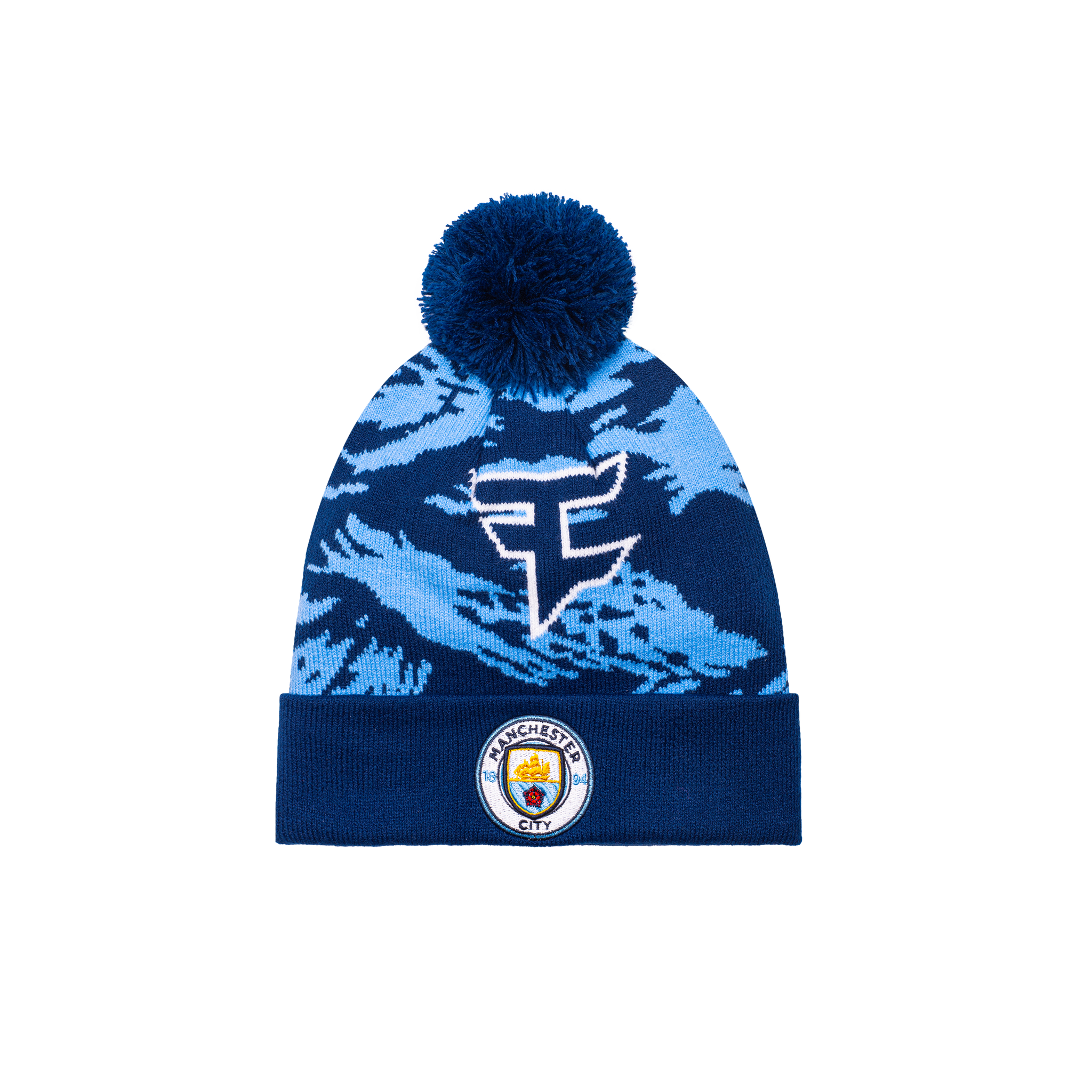 Manchester City Faze clan Collaboration Camo Knit Beanie with a Blue Beanie and a Manchester City Logo on the front