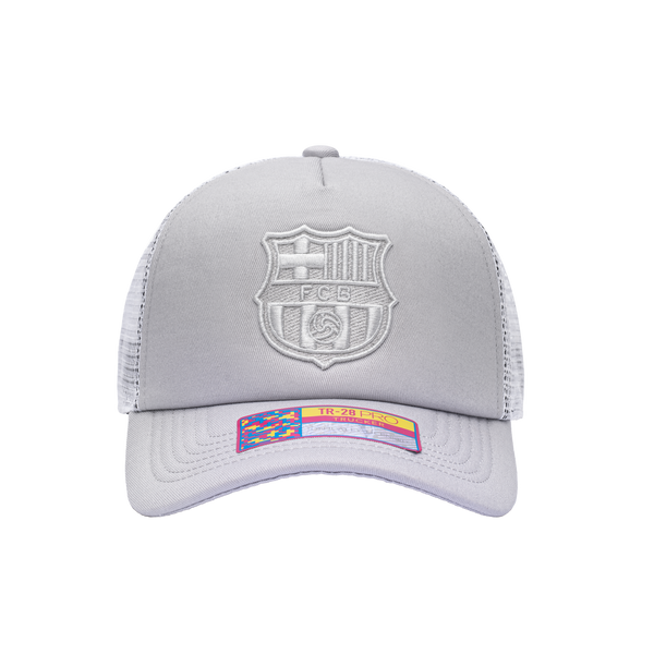 Front view of the FC Barcelona Fog Trucker Hat in Grey/White, with high crown, curved peak, mesh back and snapback closure.