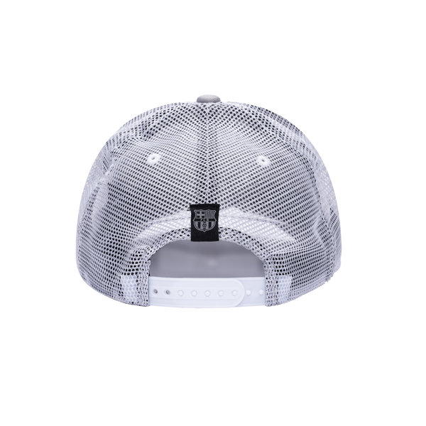 Back view of the FC Barcelona Fog Trucker Hat in Grey/White, with high crown, curved peak, mesh back and snapback closure.