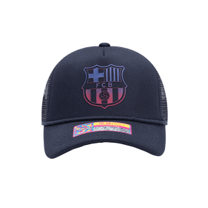 FC Barcelona Atmosphere Trucker with mid crown, curved peak brim, mesh back, and snapback closure, in Navy