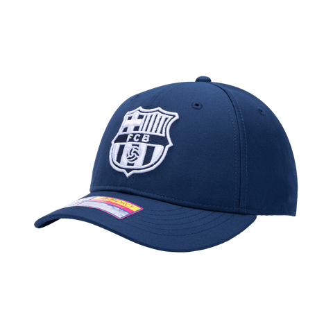 Side view of the FC Barcelona Hit Adjustable hat with mid constructured crown, curved peak brim, and slider buckle closure, in Navy.
