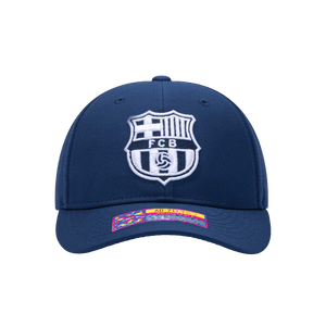 Front view of the FC Barcelona Hit Adjustable hat with mid constructured crown, curved peak brim, and slider buckle closure, in Navy.