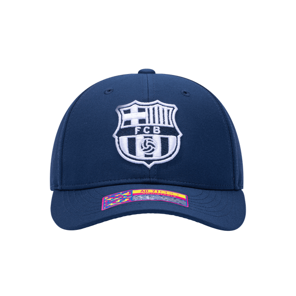 Front view of the FC Barcelona Hit Adjustable hat with mid constructured crown, curved peak brim, and slider buckle closure, in Navy.