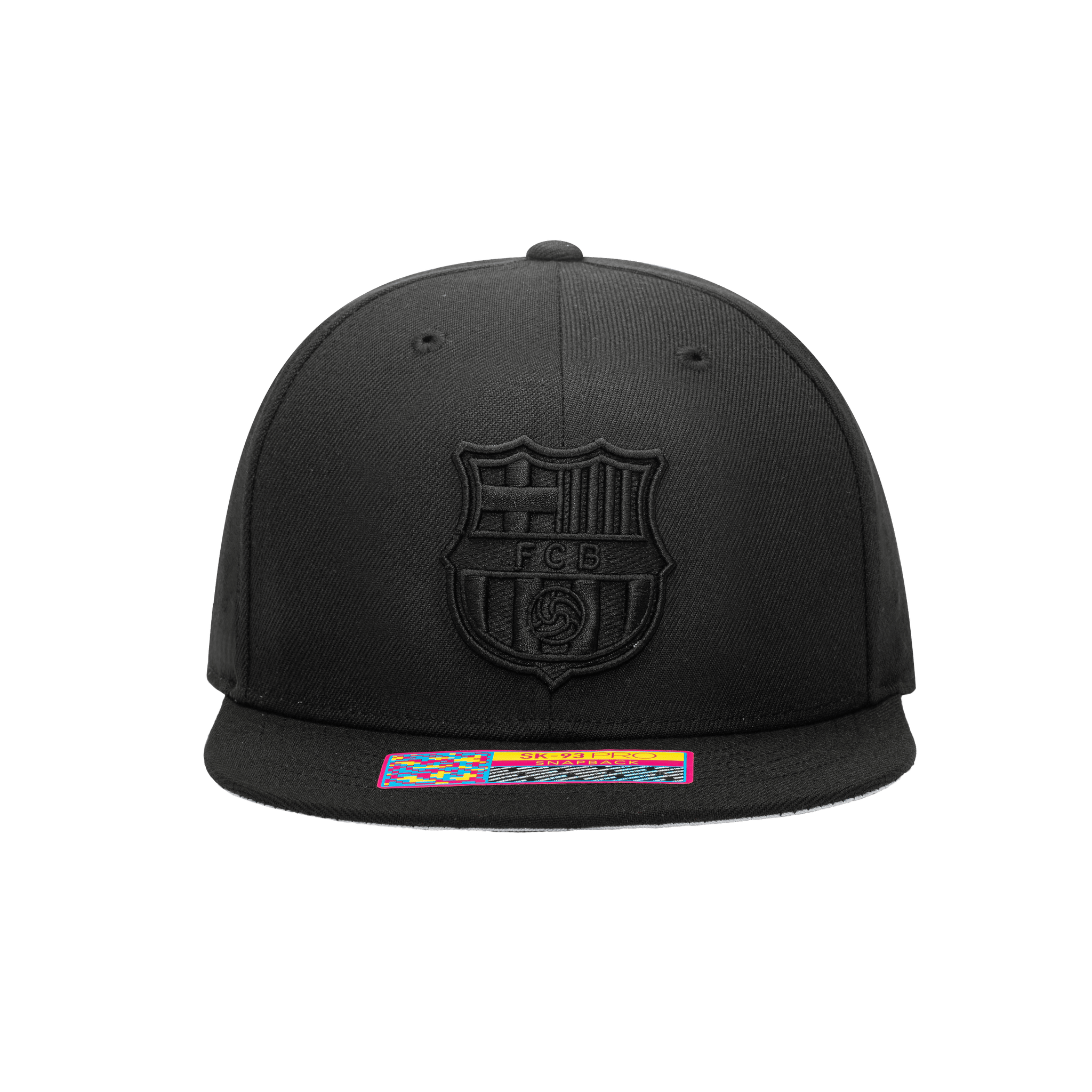 Front view of the FC Barcelona Dusk Snapback with high crown, flat peak, and snapback closure, in Black