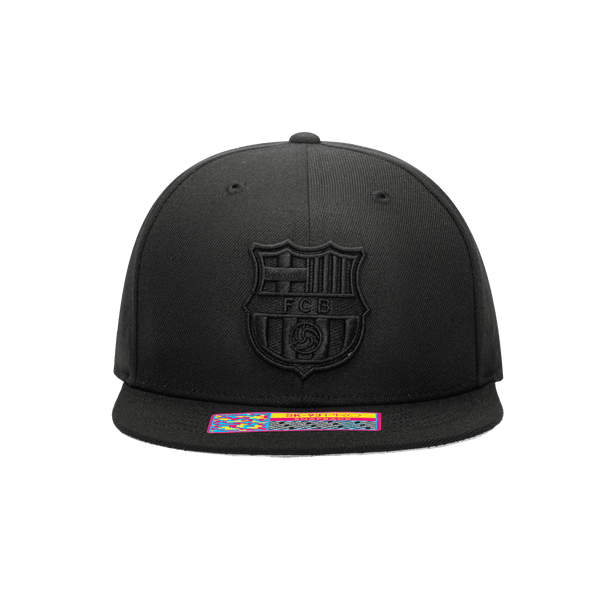Front view of the FC Barcelona Dusk Snapback with high crown, flat peak, and snapback closure, in Black