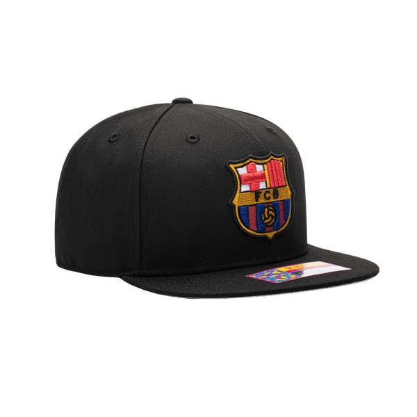 Side view of the FC Barcelona Dawn Snapback with high crown, flat peak brim, adjustable closure, in black