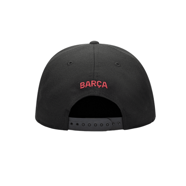 Back view of the FC Barcelona Dawn Snapback with high crown, flat peak brim, adjustable closure, in black