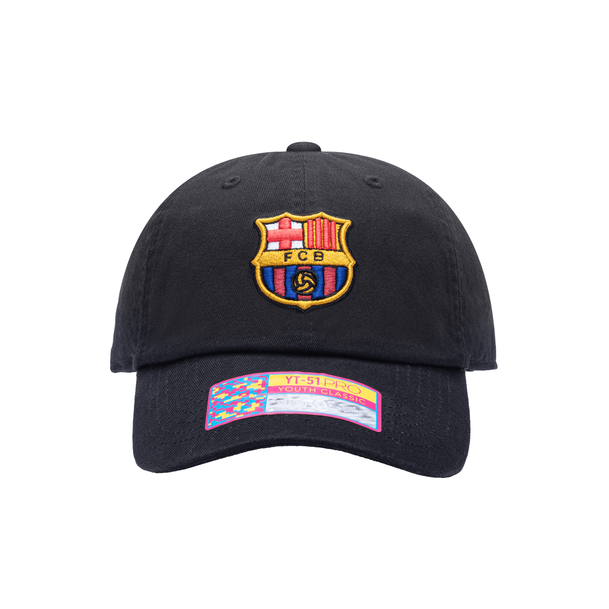 Front view of the FC Barcelona Bambo Kids Classic hat with low unstructured crown, curved peak brim, and buckle closure, in black.