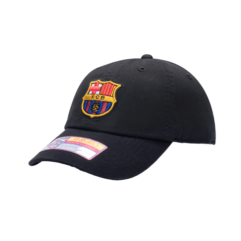 Side view of the FC Barcelona Bambo Kids Classic hat with low unstructured crown, curved peak brim, and buckle closure, in black.