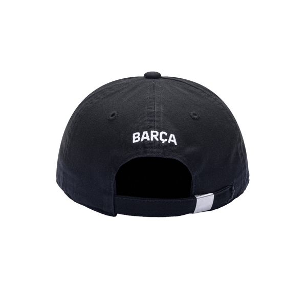 Back view of the FC Barcelona Bambo Kids Classic hat with low unstructured crown, curved peak brim, and buckle closure, in black.