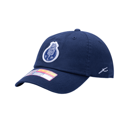 Side view of the FC Porto Bambo Classic hat with low unstructured crown, curved peak brim, and buckle closure, in blue.