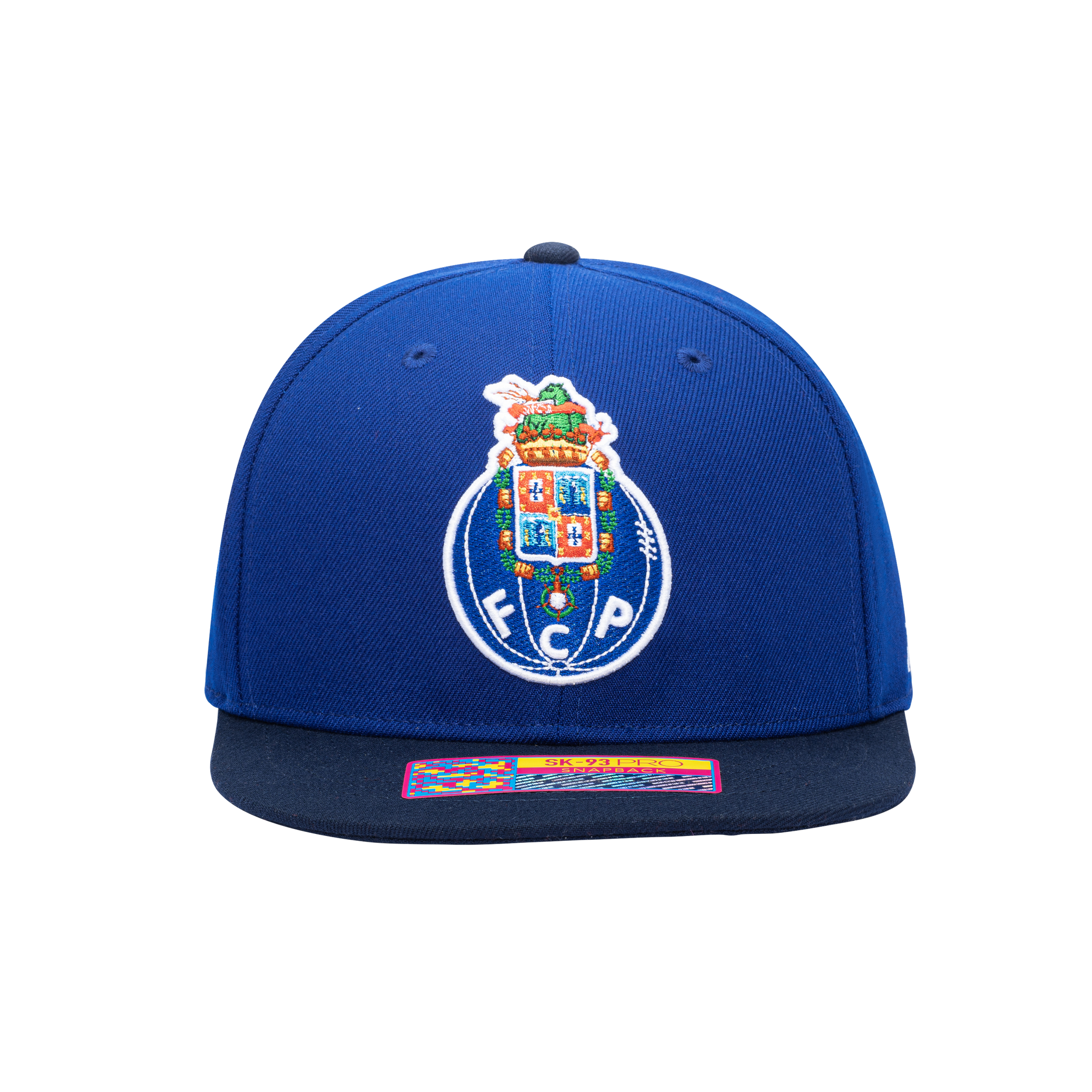 Front view of the FC Porto Team Snapback Hat with high crown and flat peak in Blue/Navy